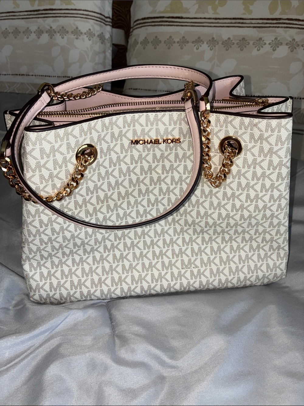 Michael Kors Cream MK Logo Tote with Pink Trim and Gold Hardware
